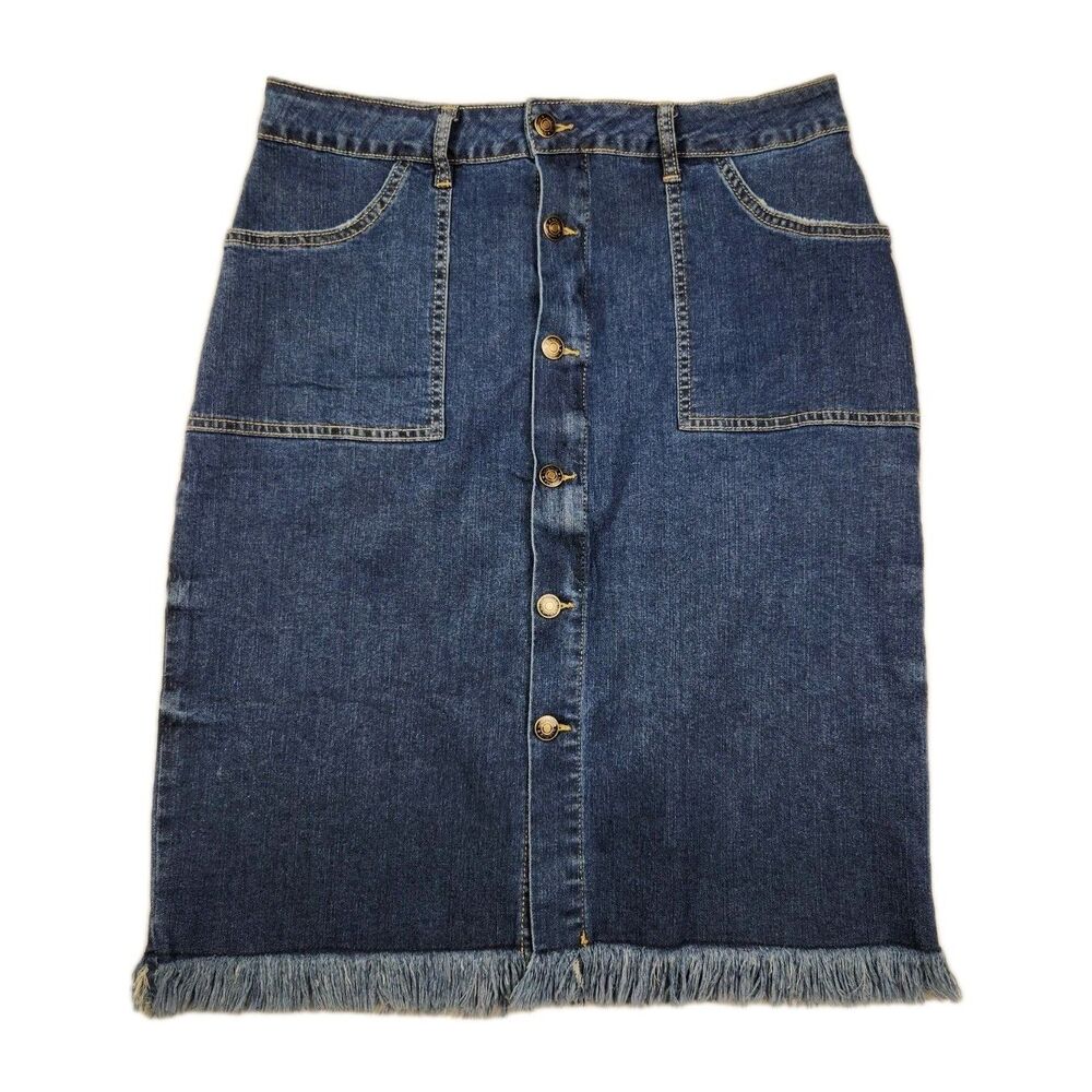 Luvamia Fringed Jean Skirt Button Front Casual Chic Retro Womens L Stretch Midi
